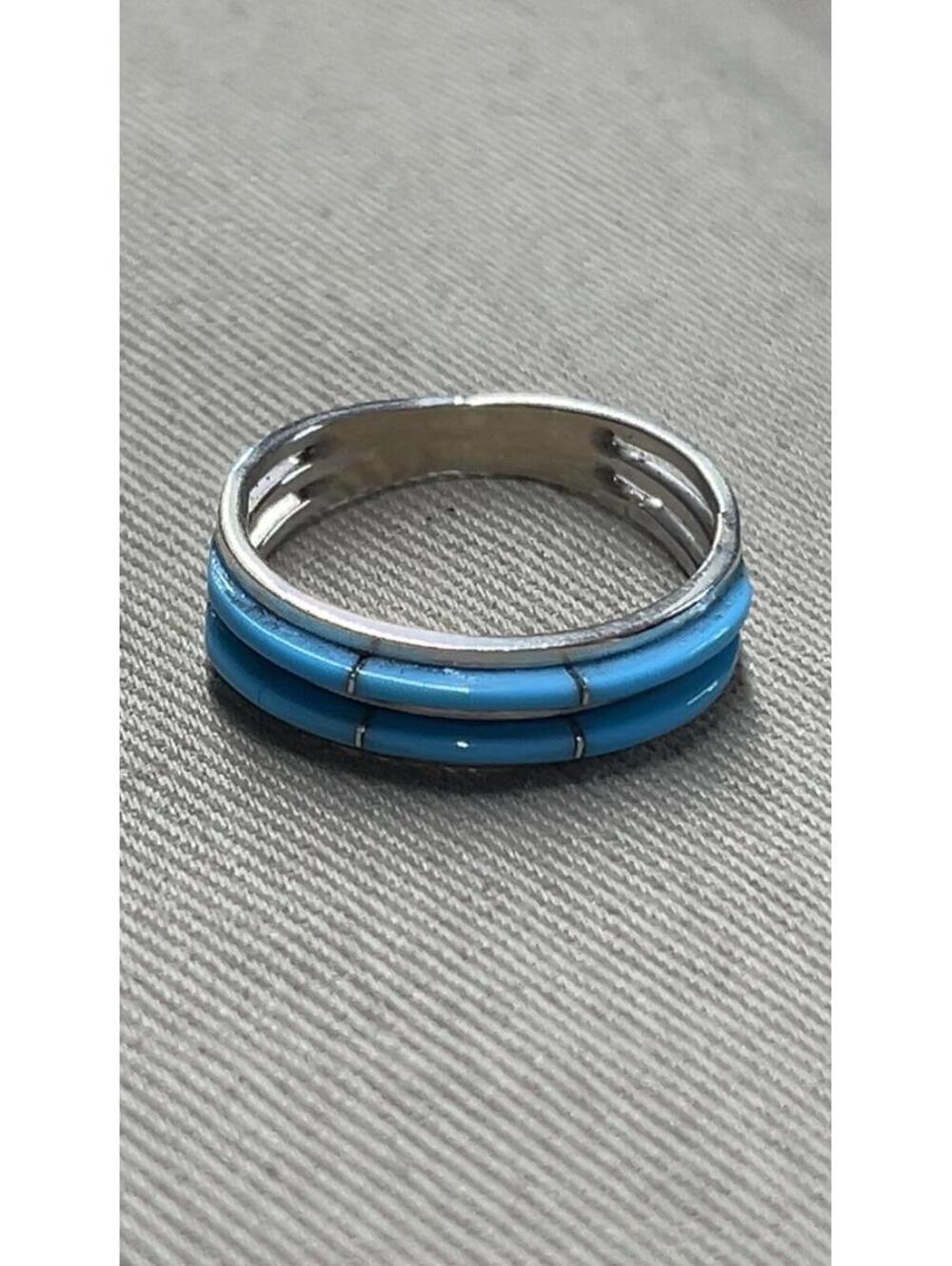 Zuni turquoise sterling silver inlay 2 row cluster ring size 6.5 -Beavis Massie